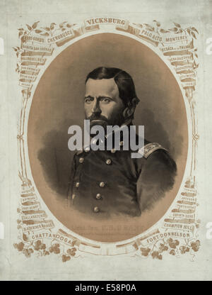 Leutnant General US Grant, Zusammenfassung: Kopf-Schulter-Porträt, nach rechts, in Oval mit Namen der Schlachtfelder, die Umgebung, ca. 1864 Stockfoto