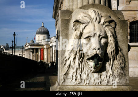 Löwen Kopf Trinkbrunnen vor St Martin in den Bereichen Kirche und der National Gallery, London, UK Stockfoto