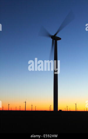 Turbine erneuerbare Energiequelle Generierung Windpark in der Abenddämmerung in Texas, USA. Stockfoto