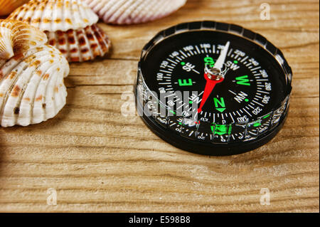 Muscheln und Kompass auf alten Holzbrett Stockfoto