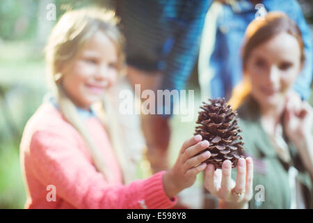 Schüler und Lehrer halten Tannenzapfen im Wald Stockfoto