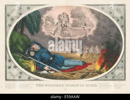 Eine Lithografie von Currier & Ives um 1861, die einen Soldaten darstellt, der von seiner Heimat träumt und die emotionale Belastung des Krieges während der frühen Bürgerkriegszeit symbolisiert. Stockfoto
