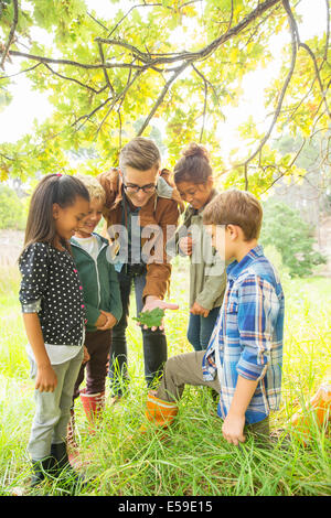 Schüler und Lehrer Prüfung Blatt im freien Stockfoto