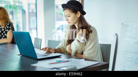Frau Hund halten und arbeiten im Büro Stockfoto