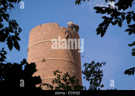 Zwei Arbeiter beim alten Schornstein Abriss. Cieszyn, Polen. Stockfoto