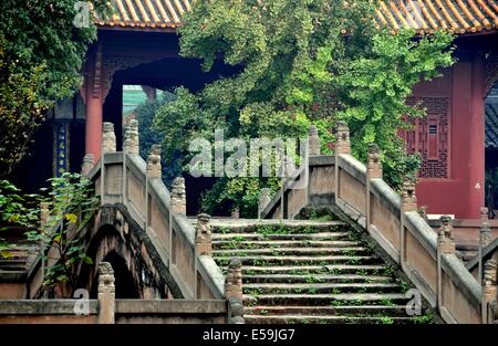 DEYANG, CHINA: Eine der drei Pan-Brücken mit steinernen Treppen und Löwe Balustraden überspannt den Pan-Teich am Konfuzius-Tempel Stockfoto