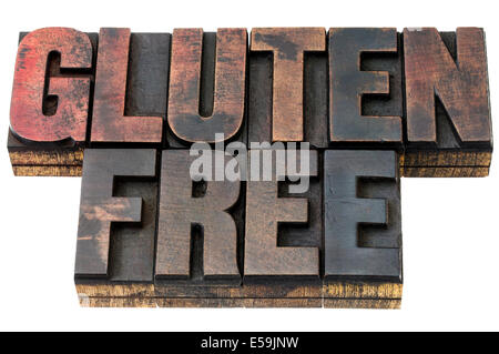 Gluten freie Zeichen in Vintage Buchdruck Holzart befleckt von Tinten Stockfoto