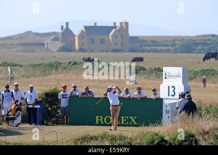 Porthcawl, Wales, UK. 24. Juli 2014. Miguel Angel Jiminez Abschlag am 13. während Tag eins von The Senior Open Golfturnier im The Royal Porthcawl Golf Club in South Wales heute Nachmittag. Bildnachweis: Phil Rees/Alamy Live-Nachrichten Stockfoto