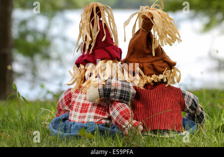 Jungen und Mädchen Vogelscheuchen Rückansicht Gras See sitzen Stockfoto