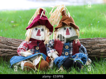 Mädchen und jungen Vogelscheuchen sitzen anmelden Rasen neben See Stockfoto