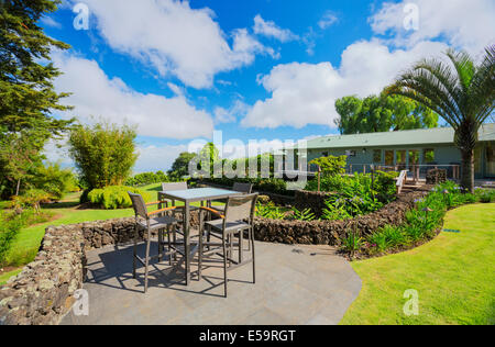 Deck-Terrasse mit Liegestühlen und Blick auf den Garten auf Luxus Anwesen nach Hause Stockfoto