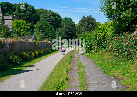 Wanderer und Radfahrer auf dem Monsal Trail in der Nähe von großen Longstone, Derbyshire, Peak District National Park, England, UK. Stockfoto