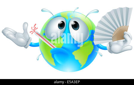 Globale Erwärmung Konzept eines sehr heiß Globus Charakters mit einem Fieber, Schwitzen, mit einem Papier Handfächer fanning und Platzen einer thermom Stockfoto