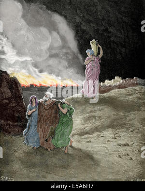 Menge, im Buch Genesis, Bibel genannten Person. Folge der Zerstörung von Sodom und Gomorra. Lot flieht aus Sodom. Farbige. Stockfoto
