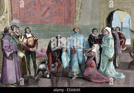 Eleanor von Kastilien (1307-1359), Queen consort von Aragon, Suche nach Gerechtigkeit König Peter i. von Kastilien. Farbige Gravur. Stockfoto