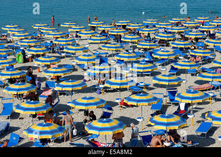 Sonnenschirme, Bagni, Strand an der Adria, Madonna del Ponte, in der Nähe von Fano, Provinz von Pesaro und Urbino, Marken, Italien Stockfoto