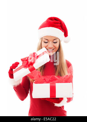 Schöne Frau öffnen Weihnachtsgeschenk, Debica, Polen Stockfoto