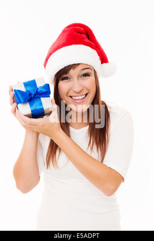 Santa Girl holding Weihnachtsgeschenk, Debica, Polen Stockfoto