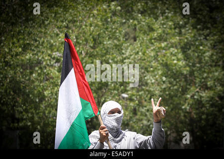 Teheran, Iran. 25. Juli 2014. Ein Mann hält die Nationalflagge von Palästina während der jährlichen Al-Quds (Jerusalem) Tages-Rallye in Teheran, Iran, am 25. Juli 2014. Hunderttausende Iraner sammelten Freitag landesweit zum Quds (Jerusalem) Tag in Solidarität mit den Palästinensern, Verurteilung Israels andauernde Besetzung der palästinensischen Gebiete und jüngsten blutigen Angriffe auf den Gaza-Streifen. Bildnachweis: Ahmad Halabisaz/Xinhua/Alamy Live-Nachrichten Stockfoto