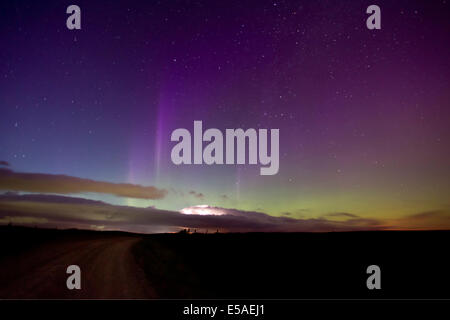 Ein atemberaubendes Schauspiel der Nordlichter (aurora borealis) in Grün und Violett mit einem Blitz über einer Landstraße in Alberta, Kanada Stockfoto