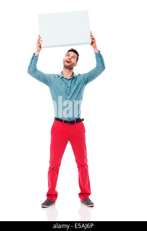 Glücklicher Mann mit einem leeren Schild, Debica, Polen Stockfoto