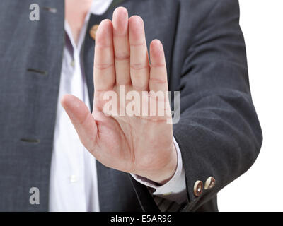 Stop-Schild durch offene Hand - Geschäftsmann Hand Geste isolierten auf weißen Hintergrund Stockfoto