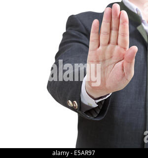 Stop-Schild durch eine offene Hand - Geschäftsmann Hand Geste isolierten auf weißen Hintergrund Stockfoto