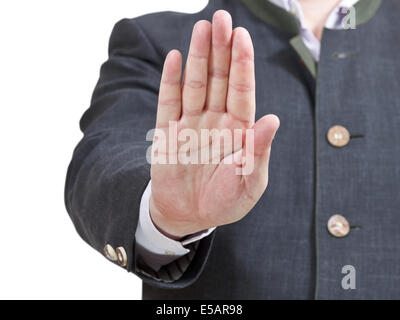 Stop-Schild von einem Palm - Geschäftsmann Hand Geste isolierten auf weißen Hintergrund Stockfoto