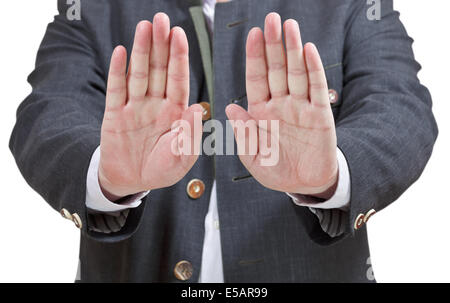Stop-Schild von zwei Palmen - Geschäftsmann Hand Geste isolierten auf weißen Hintergrund Stockfoto
