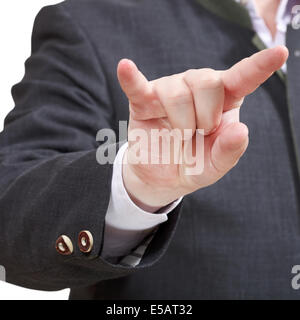 Geschäftsmann zeigt Hörner Finger, die Zeichen up - Handgeste isoliert auf weißem Hintergrund close Stockfoto