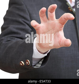 Geschäftsmann zeigt Angriff auf Handfläche schließen nach oben - Handgeste isoliert auf weißem Hintergrund Stockfoto