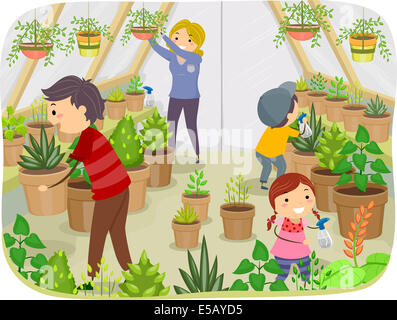 Abbildung einer Familie, die Arbeit an ihrem Gewächshaus Stockfoto