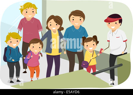 Illustration der Familien Futter, um ihre Tickets zu präsentieren Stockfoto