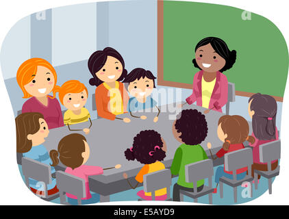 Abbildung der Eltern und ihre Kinder an einer PTA-Sitzung Stockfoto