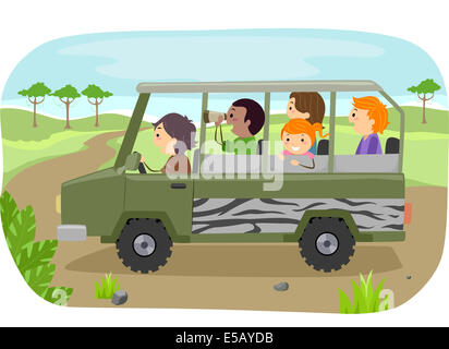 Abbildung einer Familie auf einer Safari-Tour Stockfoto