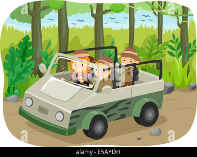 Abbildung einer Familie auf einer Safari-Tour Stockfoto