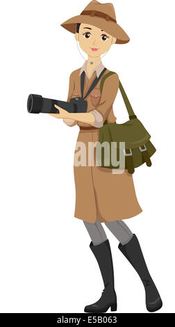 Abbildung eines Mädchens gekleidet in einem Safari-Outfit mit einer DSLR-Kamera Stockfoto