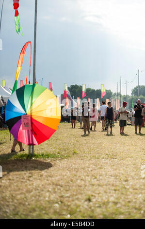 Musikfestival WOMAD, Charlton Park, UK. 25. Juli 2014. Lodernde Hitze und Feuchtigkeit auf den ersten Tag des Festivals gipfelt in einem Flash-Terrential-Downpoor am späten Nachmittag. Es nicht die Festivalbesucher abgeschreckt und kann von ihnen nur benötigt, um Abdeckung für eine kurze Zeit zu suchen, bevor die Sonne wieder schien. Mehr heißes Wetter wird am Wochenende erwartet. Stockfoto