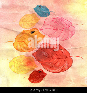 buntes Herbstlaub auf einem Aquarell Hintergrund von zerknittertes Papier Stockfoto