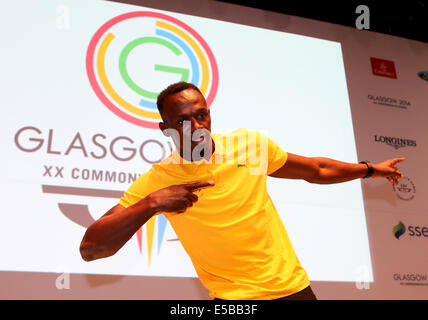 Glasgow. 26. Juli 2014. Usain Bolt aus Jamaika besucht eine Pressekonferenz am 3. Tag der Glasgow 2014 Commonwealth Games im Loch Lomond Raum bei der MPC in Glasgow, Schottland, am 26. Juli 2014. Bildnachweis: Han Yan/Xinhua/Alamy Live-Nachrichten Stockfoto