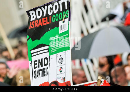 Belfast, Nordirland. 26. Juli 2014 - ein Demonstrant hält ein Plakat-Sprichwort "Boykott israelischer waren.  Ende der Apartheid "bei einem pro-Gaze/anti-Israeli Protest Rallye Credit: Stephen Barnes/Alamy Live News Stockfoto