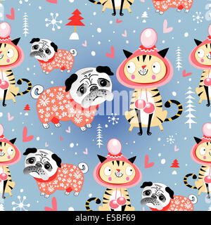 Jolly Musterdesign mit Katzen Liebhaber und Pugs auf blauem Hintergrund verschneiter Stockfoto