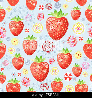 hellen Musterdesign reifer Erdbeeren auf einem leuchtend blauen Hintergrund Stockfoto