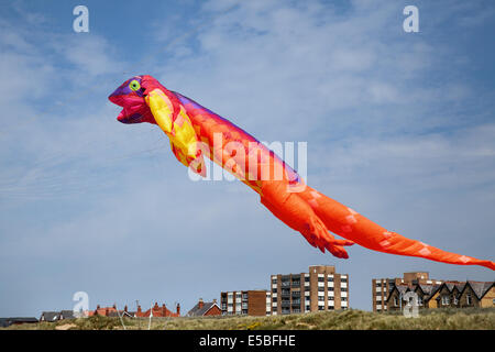 Lytham St Annes, Blackpool, 26. Juli 2014. Langen orangen Frosch fliegen auf dem St. Annes Kite Festival.  Den Himmel über St. Annes Seafront wurden überflutet mit Farbe als fabelhafte Anzeige Drachen in der Luft am Strand neben dem Pier nahm.  Das Festival vorgestellten einzeiligen Drachen in allen Formen und Größen, einschließlich Kühe, Manta-Rochen, einen riesigen Teddybären, Hunde und sogar Flusspferde zusammen mit 2-Leiner und 4-Leiner Lenkdrachen fliegen.   Bildnachweis: Mar Photographics/Alamy Live-Nachrichten. Stockfoto