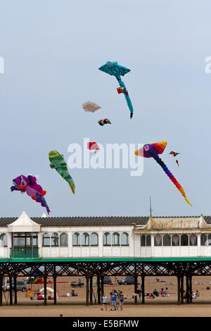 Lytham St Annes, Blackpool, 26. Juli 2014. St. Annes kite Festival.  Den Himmel über St. Annes Seafront wurden überflutet mit Farbe als fabelhafte Anzeige Drachen in der Luft am Strand neben dem Pier nahm.  Das Festival vorgestellten einzeiligen Drachen in allen Formen und Größen, einschließlich Kühe, Manta-Rochen, einen riesigen Teddybären, Hunde und sogar Flusspferde zusammen mit 2-Leiner und 4-Leiner Lenkdrachen fliegen.   Bildnachweis: Mar Photographics/Alamy Live-Nachrichten. Stockfoto