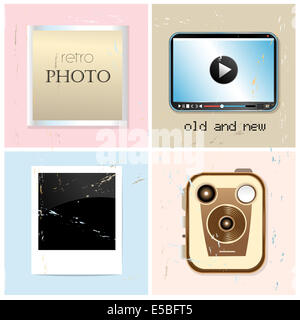 Grafik-set retro und neue Fotos von Objekten auf farbigen Hintergründen im Alter von Stockfoto