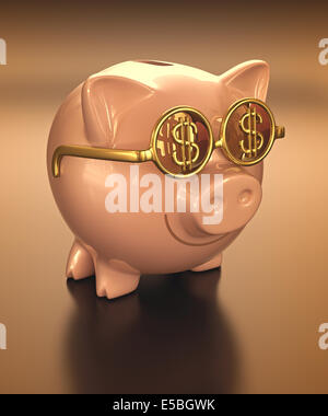 Sparschwein mit Sonnenbrille mit Geld Zeichen. Clipping-Pfad enthalten. Stockfoto