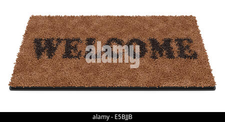 3D Render des braunen Kokos Fußmatte mit Text willkommen isoliert auf weißem Hintergrund Stockfoto