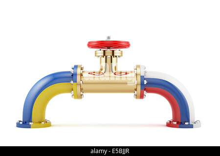 3D Rendering der Gasleitung isoliert auf weißem Hintergrund. Ukrainische und russische Gasventil. Energiekonzept Stockfoto