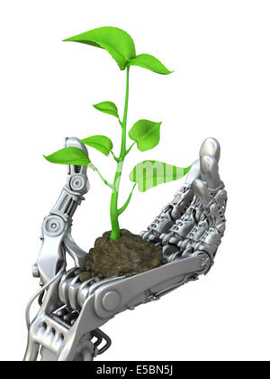 Roboter hält einen Spross.  Konzeptionelle 3d Darstellung Stockfoto